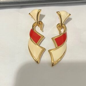 Monet Gold and Red Enamel Earrings